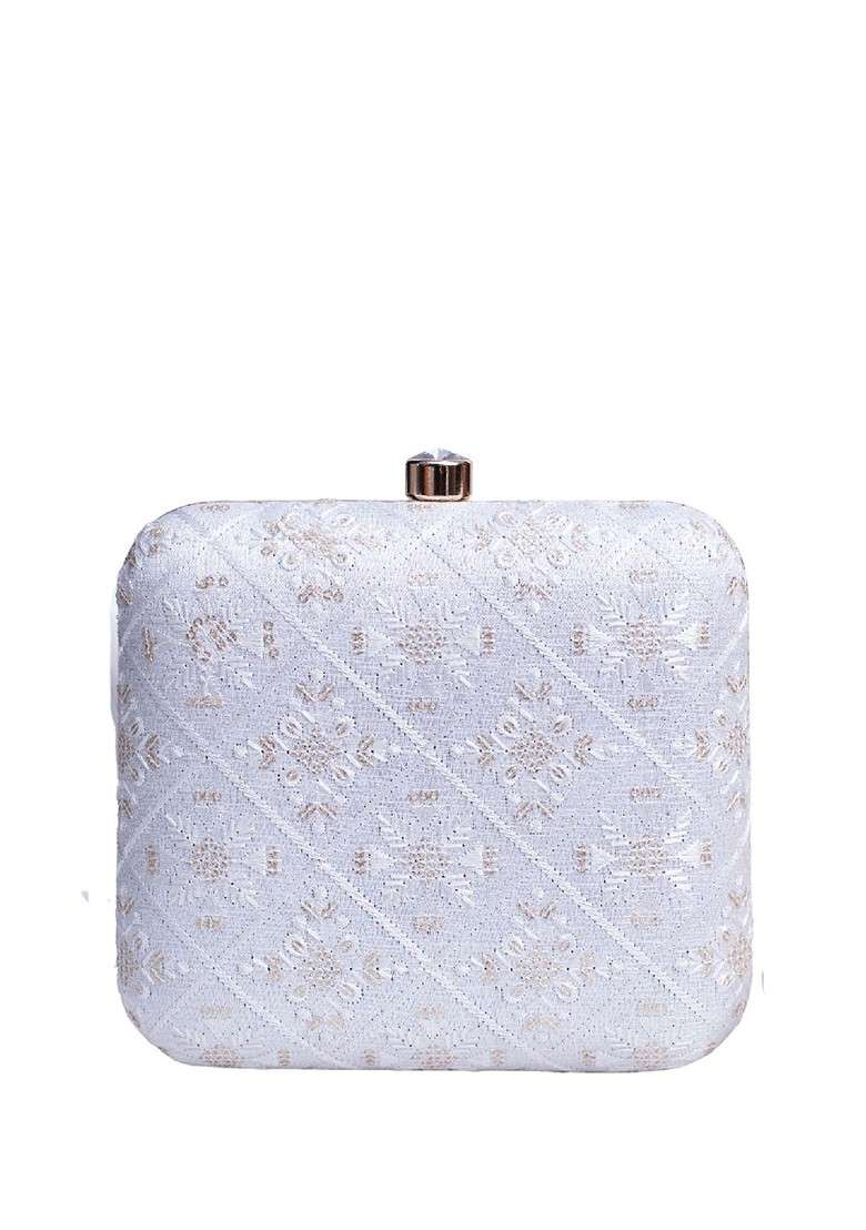White Satin Embroidered Embellished Box Clutch - Indya