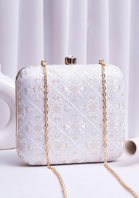 White Satin Embroidered Embellished Box Clutch