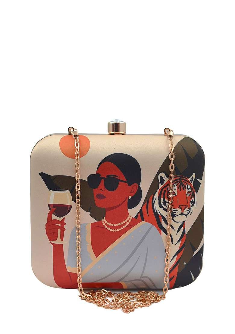 White Fabric Abstract Printed Buckle Detail Box Clutch - Indya