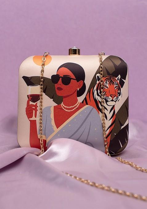 White Fabric Abstract Printed Buckle Detail Box Clutch