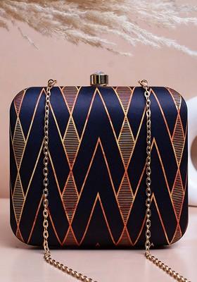 Black Fabric Geometric Printed Box Clutch With Shoulder Strap