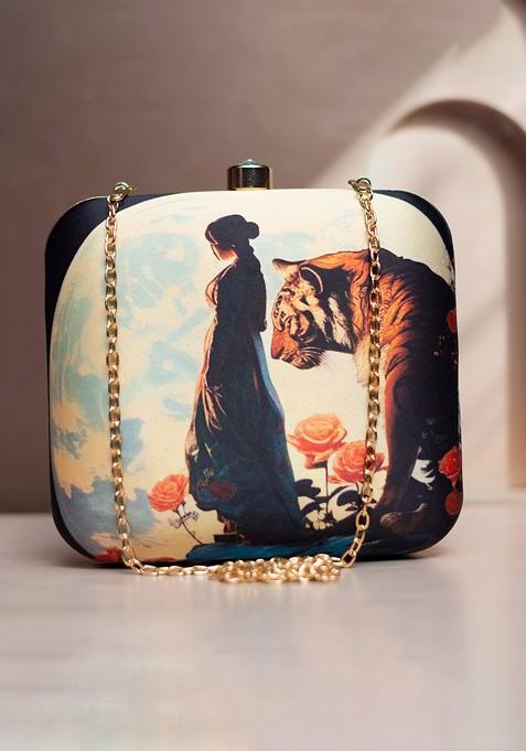 Black Fabric Printed Box Clutch