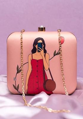 Peach Fabric Printed Buckle Detail Box Clutch