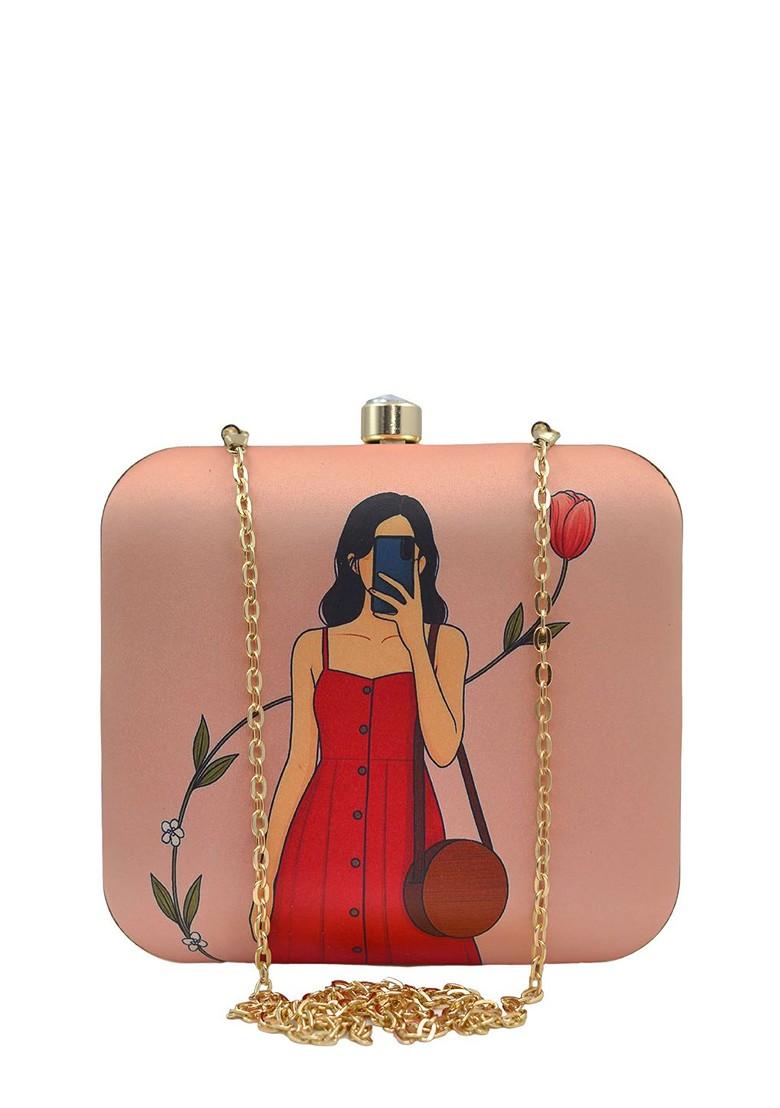 Peach Fabric Printed Buckle Detail Box Clutch - Indya