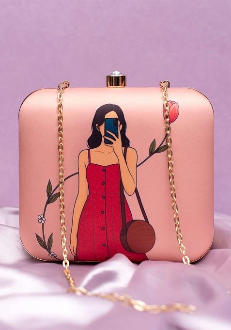 Peach Fabric Printed Buckle Detail Box Clutch