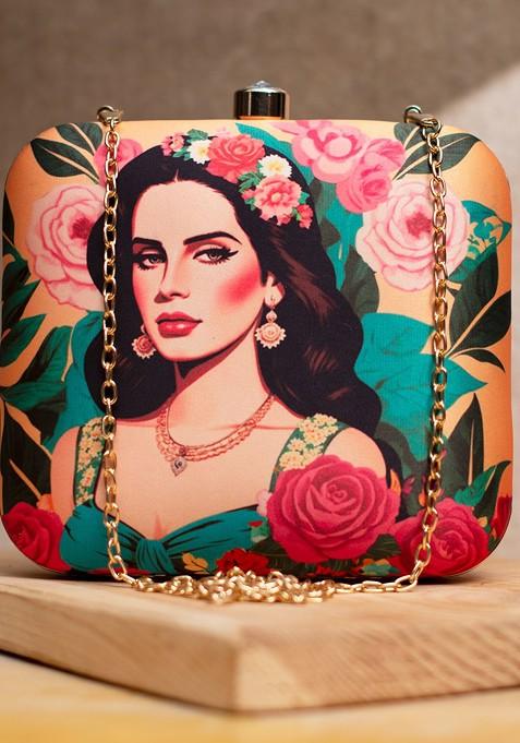 Blue Fabric Lana Del Ray Printed Box Clutch