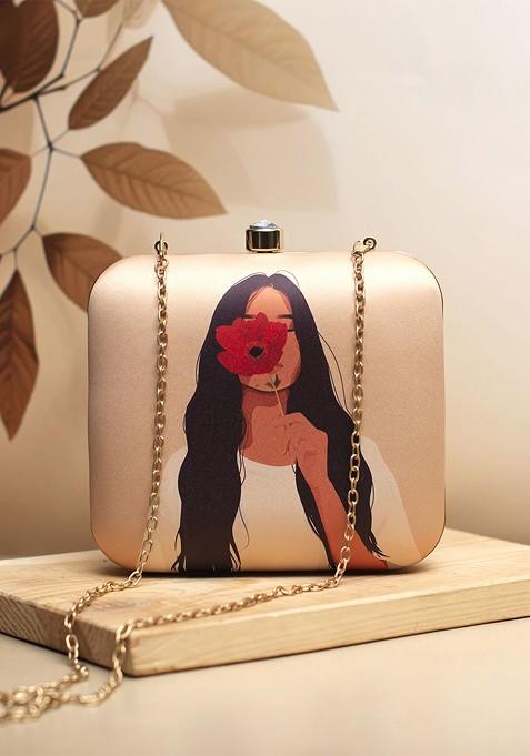 Cream Fabric Flower Girl Printed Box Clutch