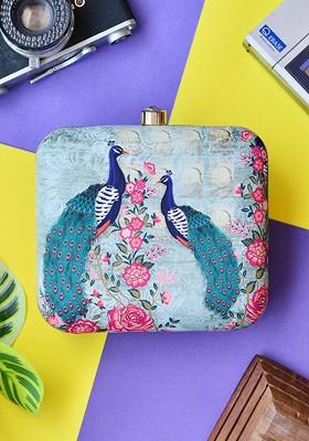 Green Fabric Women Green And Blue Peacock Printed Box Clutch