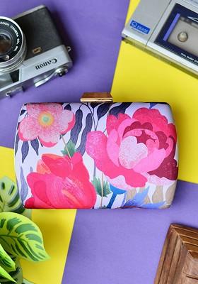 Fabric Pink And White Printed Box Clutch