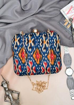 Navy Blue Fabric Women Printed Fabric Box Clutch