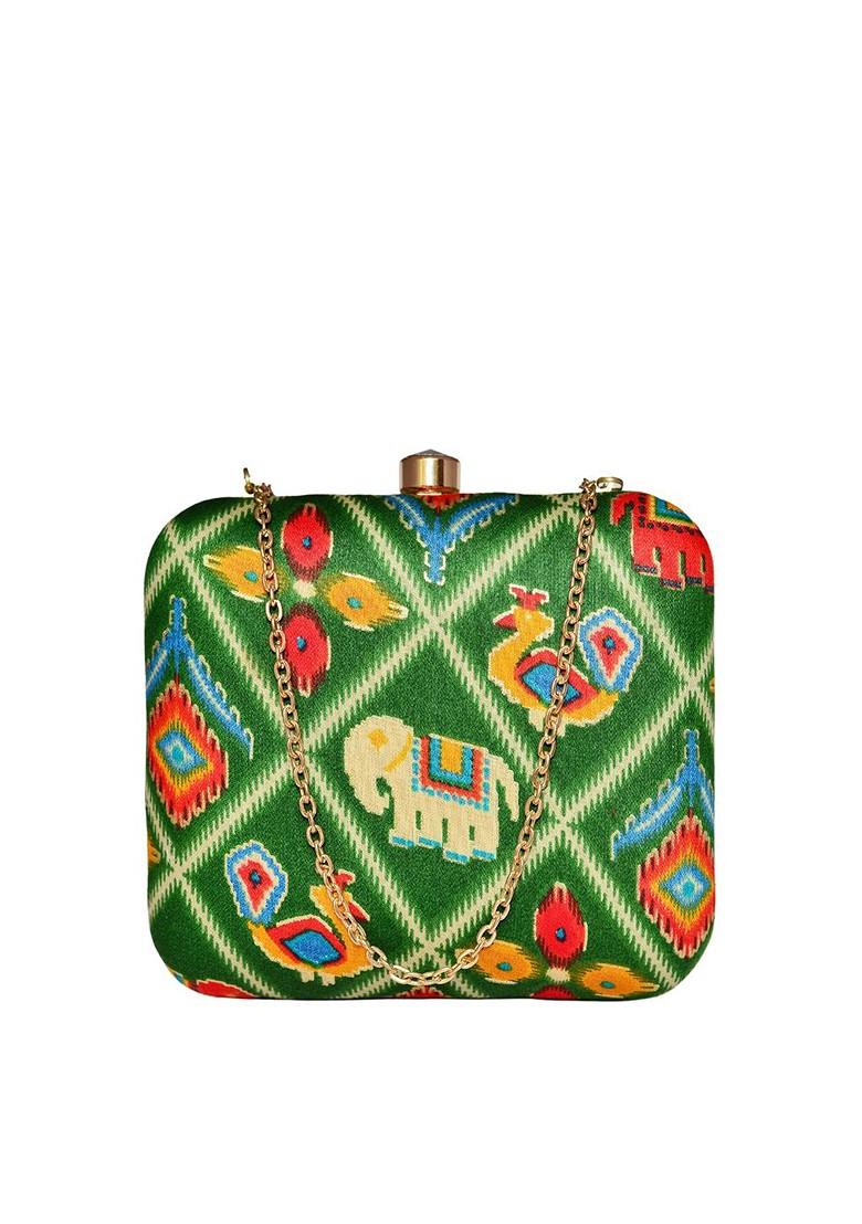 Green Fabric Women Printed Fabric Box Clutch - Indya