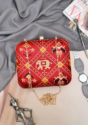 Red Fabric Women Printed Fabric Box Clutch