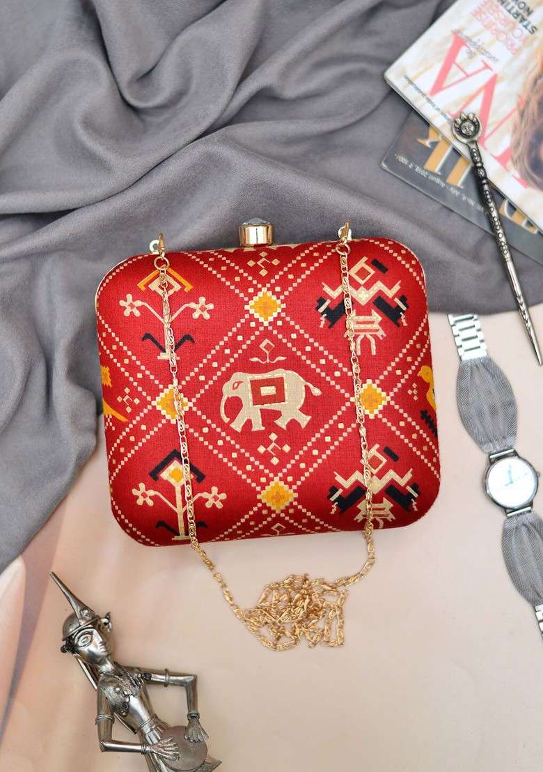 Red Fabric Women Printed Fabric Box Clutch - Indya