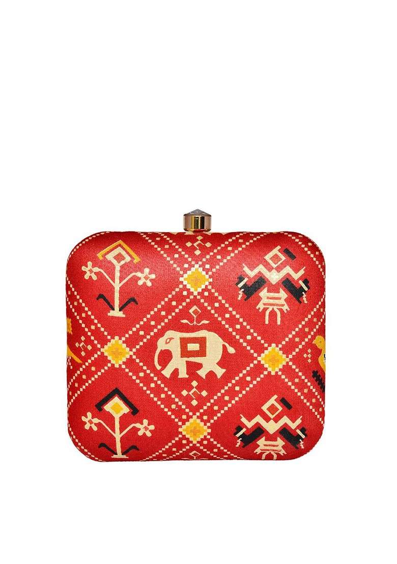 Red Fabric Women Printed Fabric Box Clutch - Indya