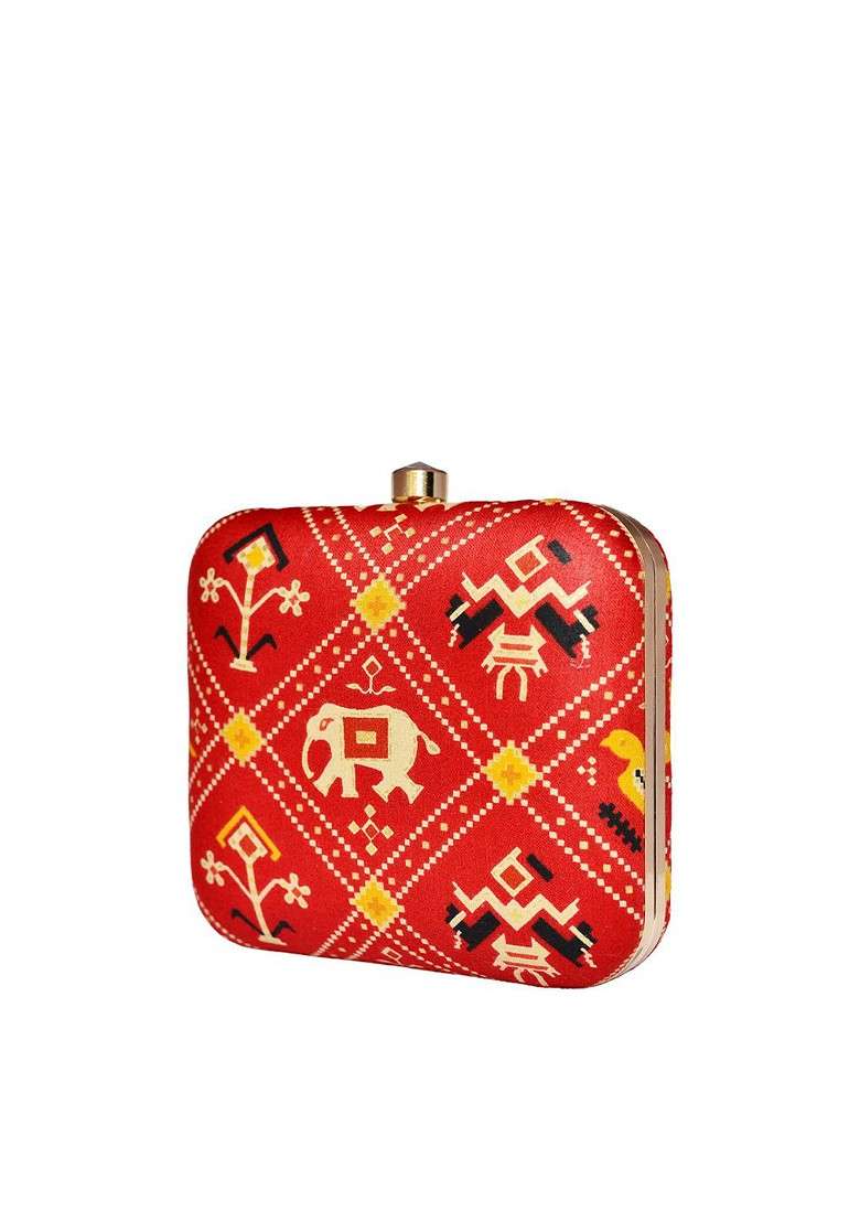 Red Fabric Women Printed Fabric Box Clutch - Indya