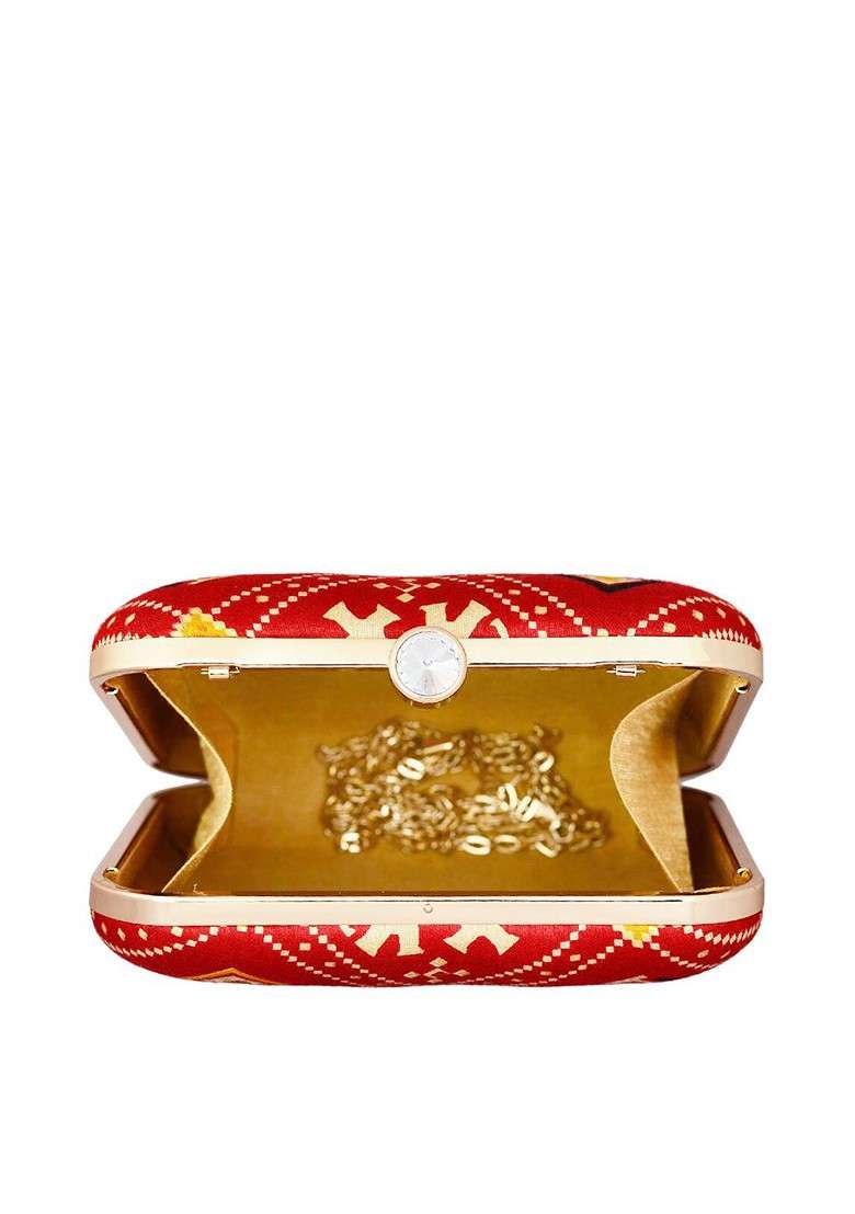 Red Fabric Women Printed Fabric Box Clutch - Indya