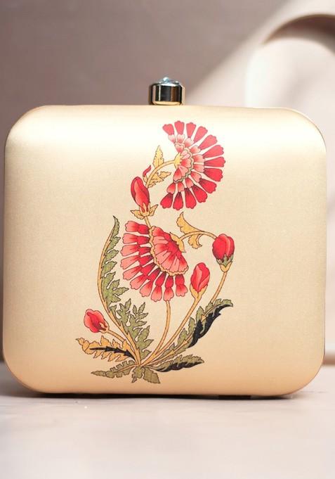 Cream Fabric Printed Box Clutches