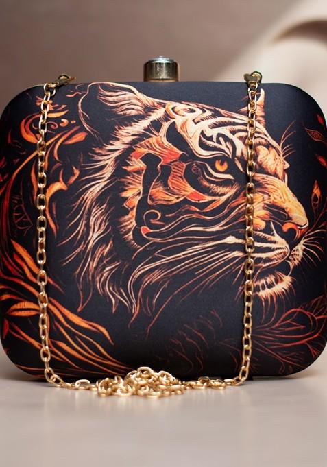 Black Fabric Printed Box Clutch
