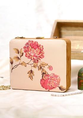 Beige Fabric Women Beige And Coral Printed Box Clutch