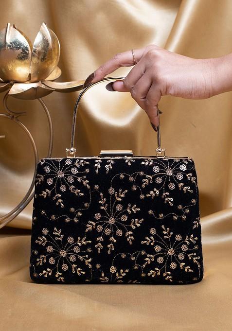 Black Satin Floral Embroidered Sequinned Box Clutch