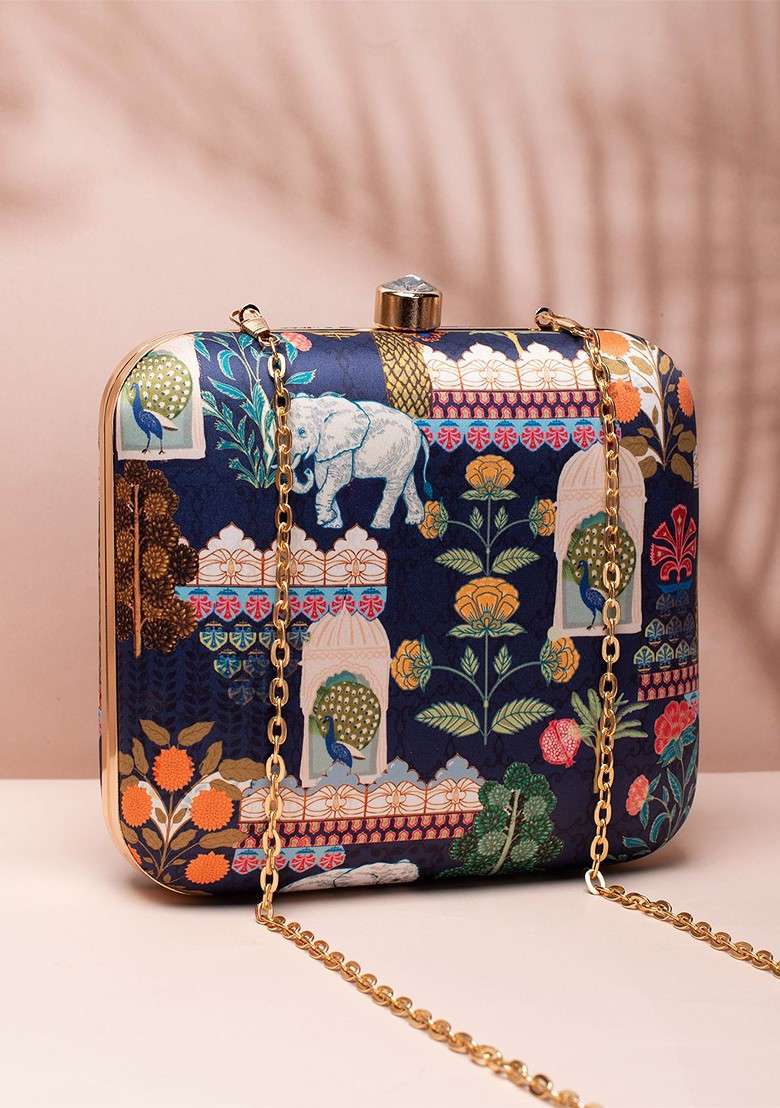 Teal Fabric Botanic Printed Box Clutch - Indya