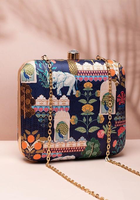 Teal Fabric Botanic Printed Box Clutch