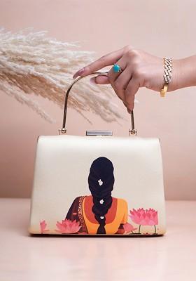 Beige Fabric Flower Lady Printed Box Clutch