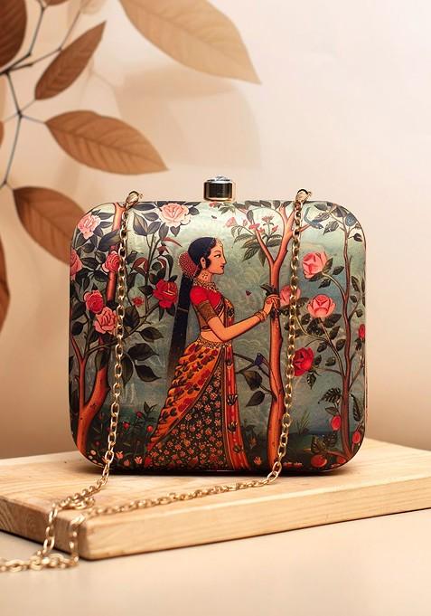 Green Fabric Floral Printed Box Clutch