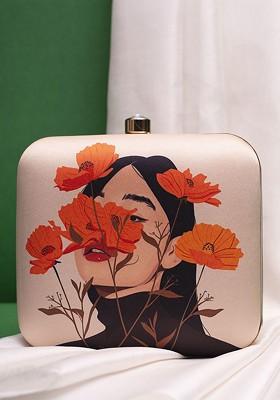 Off White Fabric Flower Printed Box Clutch