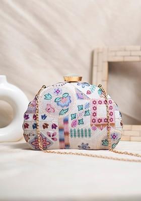 White Satin Embroidered Box Clutch