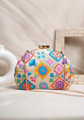 Beige Satin Embroidered Box Clutch