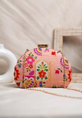 Peach Satin Embroidered Box Clutch