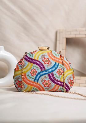 Blue Fabric Floral Printed Embroidered Box Clutch