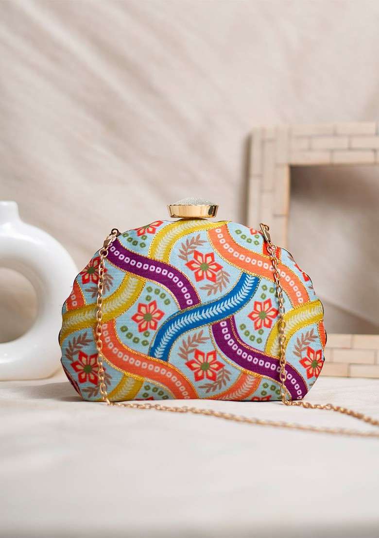 Blue Fabric Floral Printed Embroidered Box Clutch - Indya