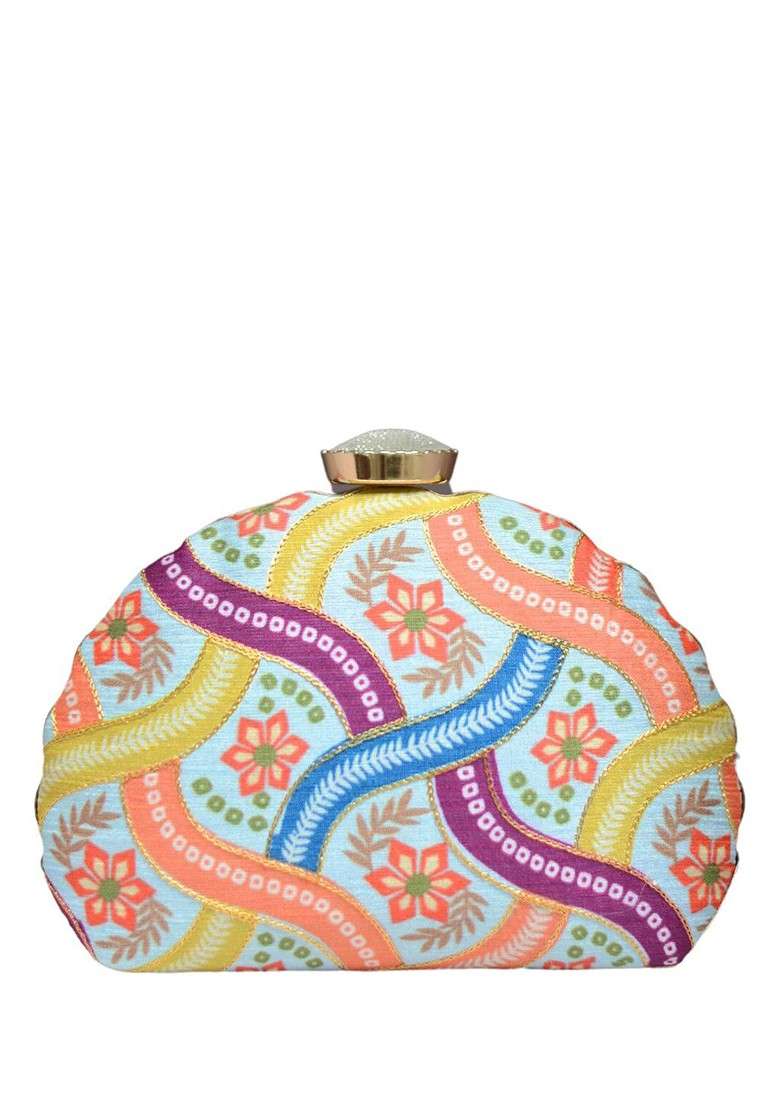 Blue Fabric Floral Printed Embroidered Box Clutch - Indya