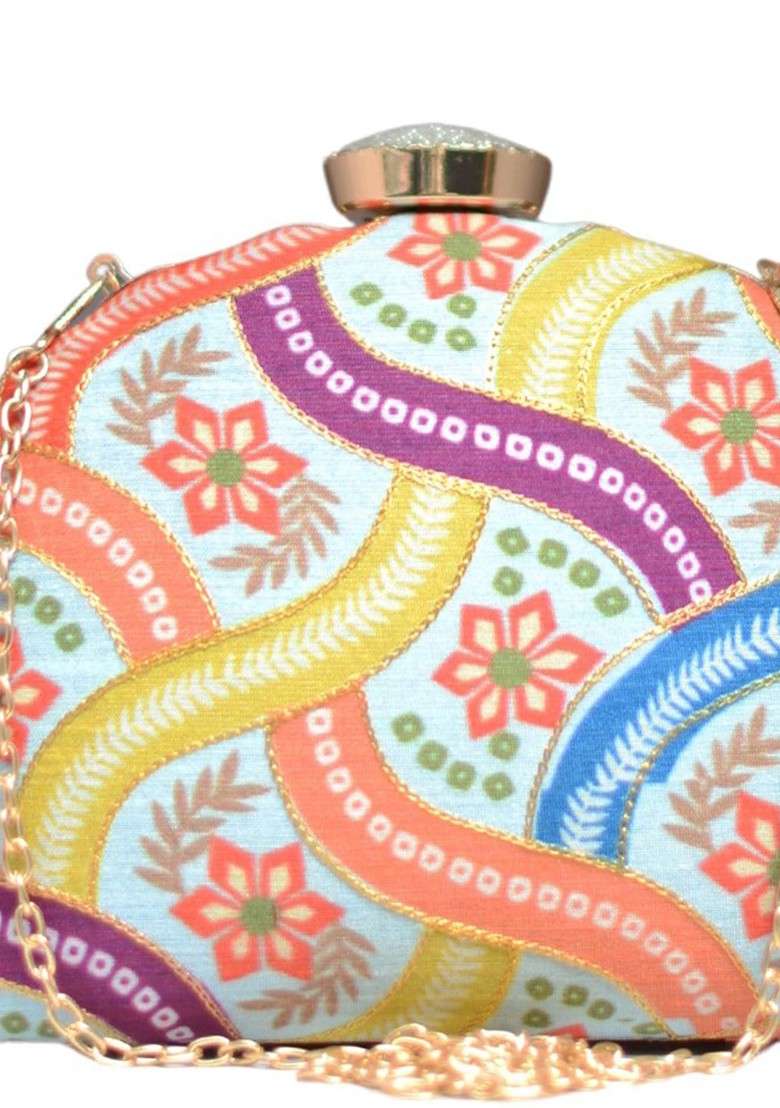 Blue Fabric Floral Printed Embroidered Box Clutch - Indya