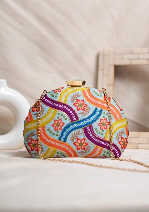Blue Fabric Floral Printed Embroidered Box Clutch