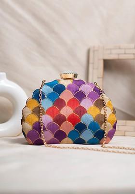 Purple Satin Embroidered Box Clutch