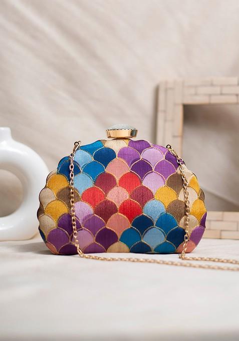 Purple Satin Embroidered Box Clutch