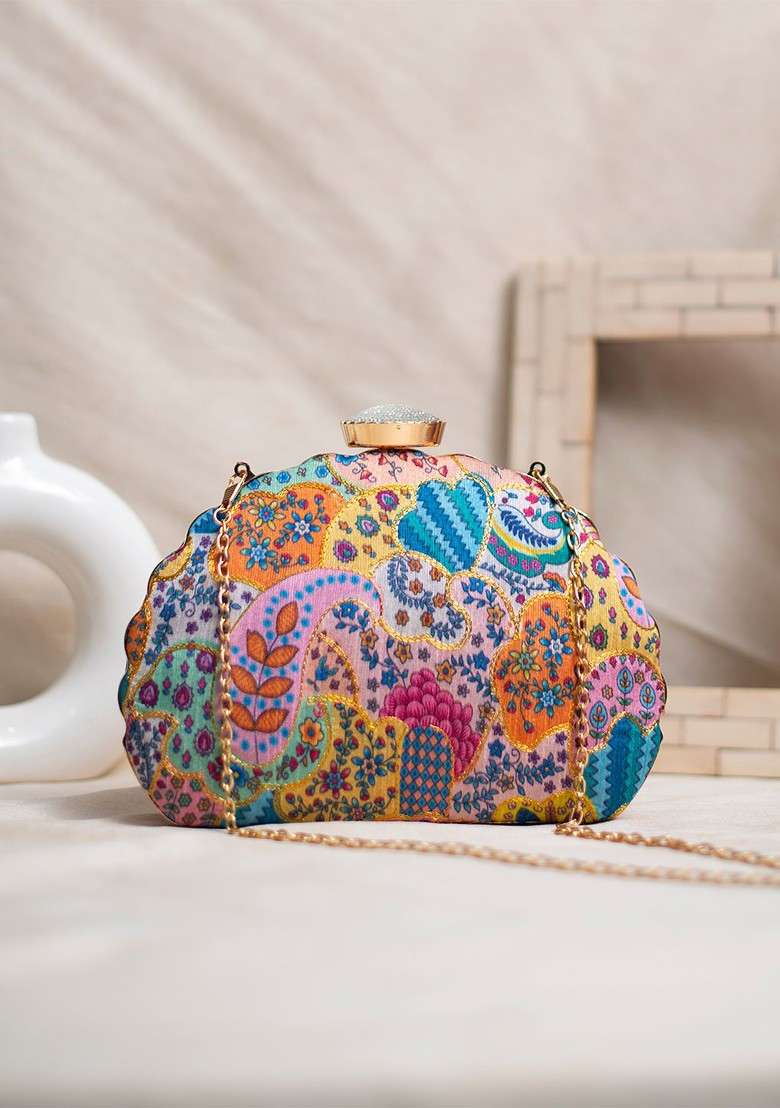 Purple Fabric Ethnic Printed Embroidered Box Clutch - Indya