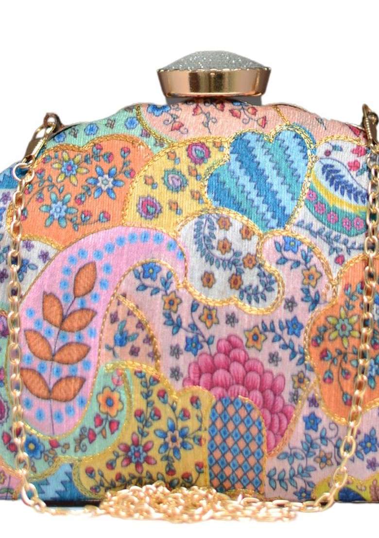 Purple Fabric Ethnic Printed Embroidered Box Clutch - Indya