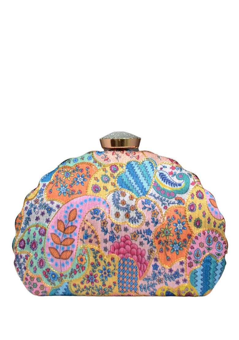 Purple Fabric Ethnic Printed Embroidered Box Clutch - Indya