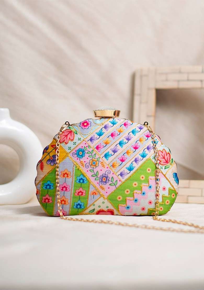 White Fabric Printed Box Clutch - Indya
