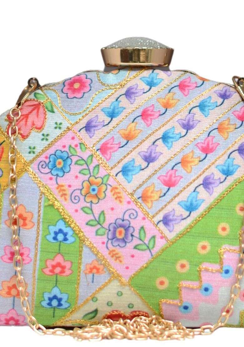 White Fabric Printed Box Clutch - Indya