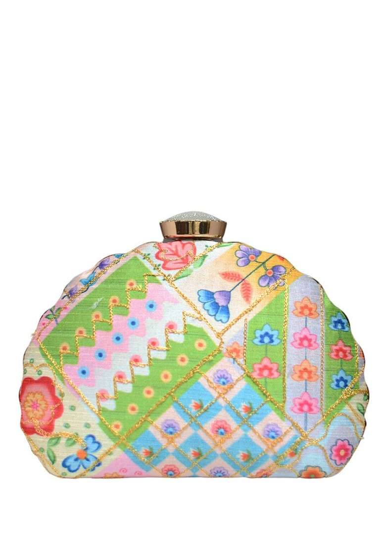 White Fabric Printed Box Clutch - Indya