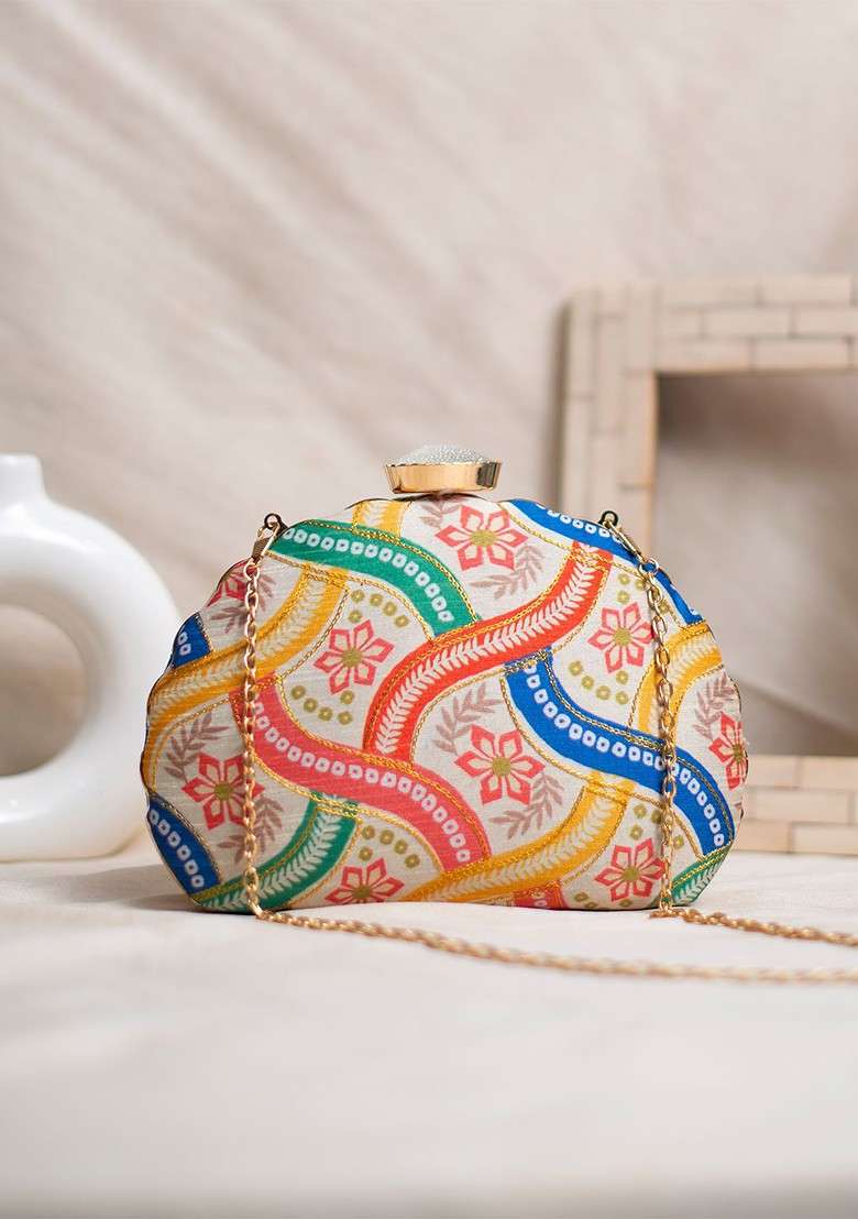 Cream Fabric Floral Printed Embroidered D Shape Box Clutch - Indya