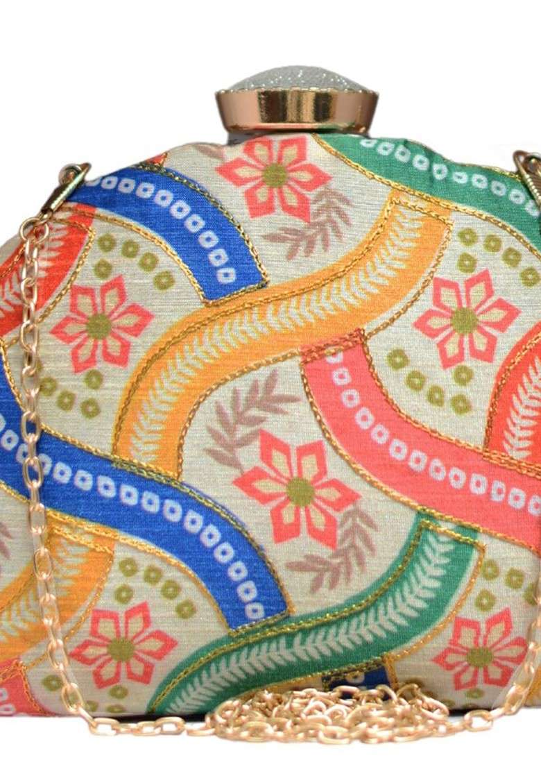 Cream Fabric Floral Printed Embroidered D Shape Box Clutch - Indya