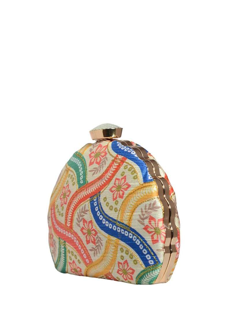 Cream Fabric Floral Printed Embroidered D Shape Box Clutch - Indya