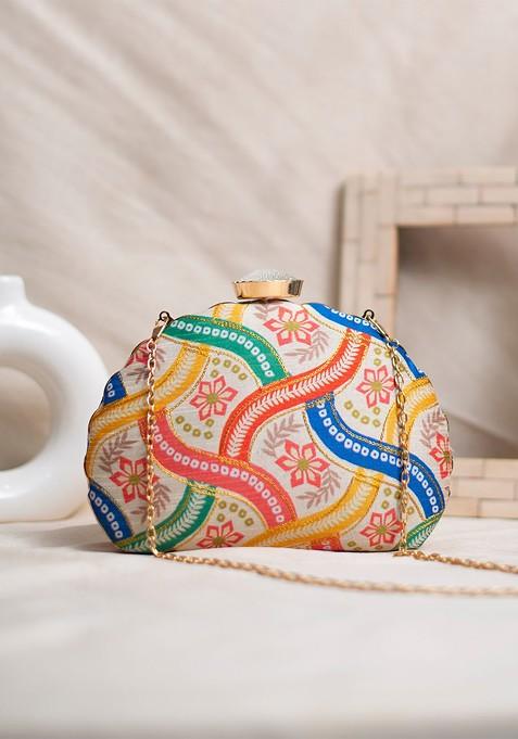 Cream Fabric Floral Printed Embroidered D Shape Box Clutch