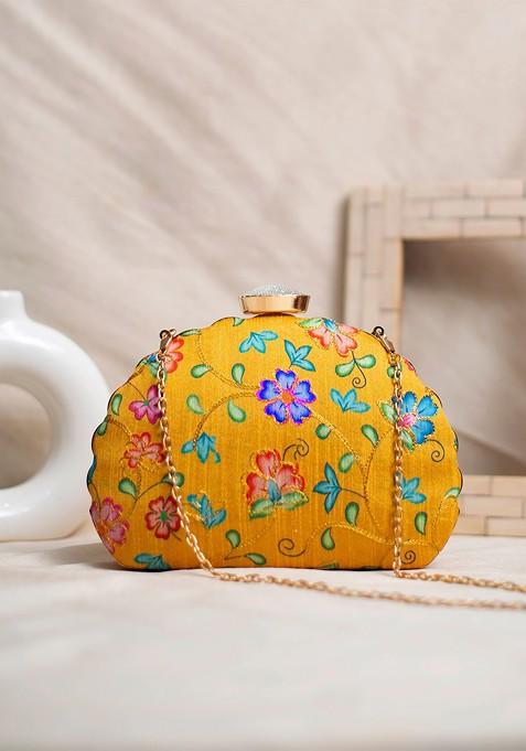 Yellow Fabric Floral Printed Embroidered D Shape Box Clutch
